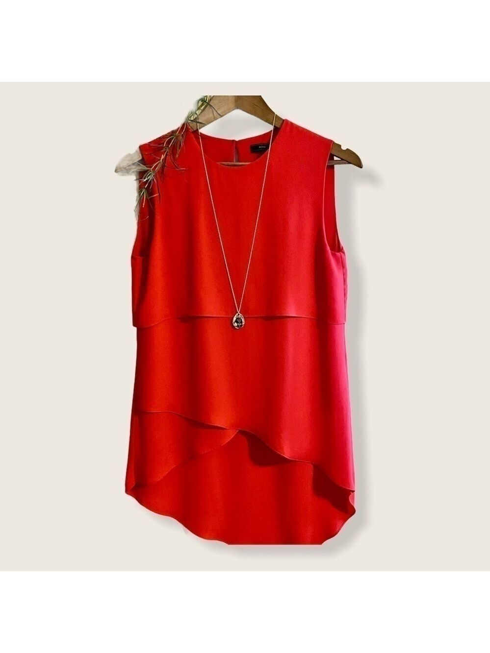 BCBG Sleevless Blouse in deep red, tiered, asymmetrical.